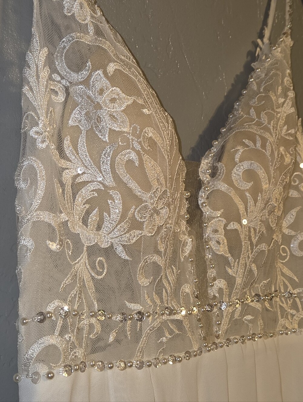 JJs House Ivory Floral Sequin A-Line Wedding Dress with Spaghetti Straps NWT - Picture 8 of 9